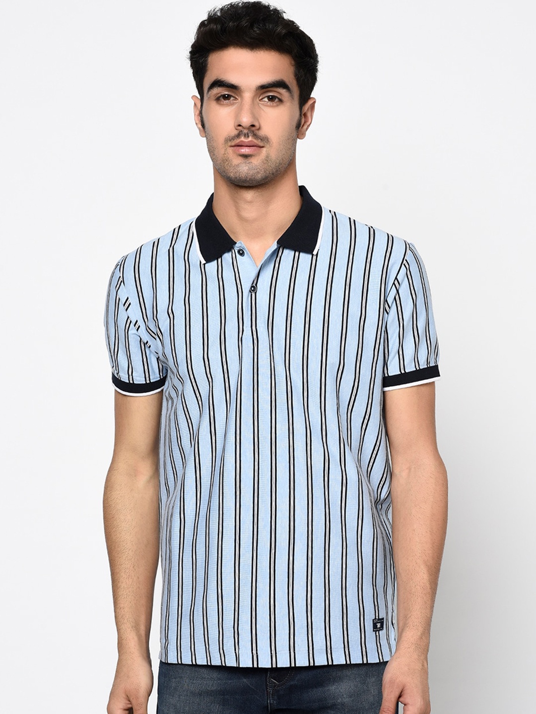 

Octave Men Blue & Black Striped Polo Collar T-shirt