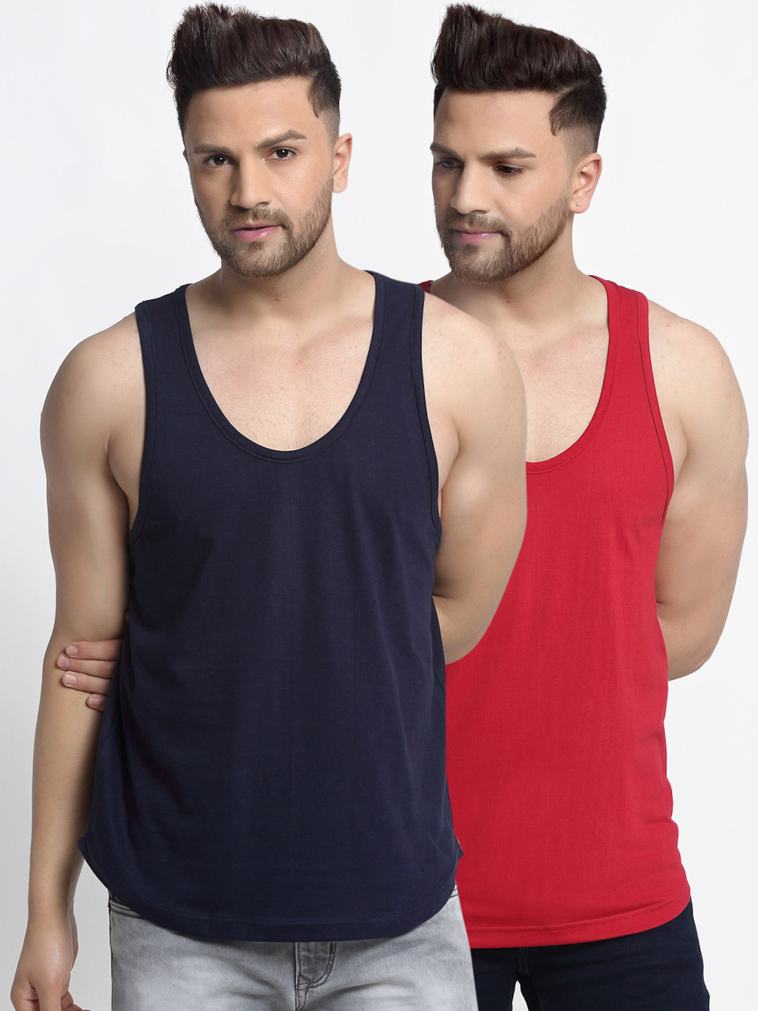 

Friskers Men Pack Of 2 Solid Cotton Gym Vests, Navy blue