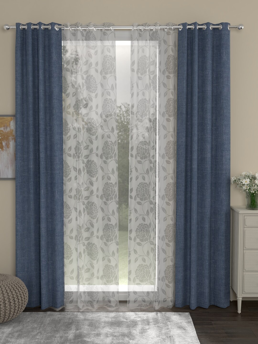 

ROSARA HOME Navy Blue & White Set of 4 Long Door Curtains