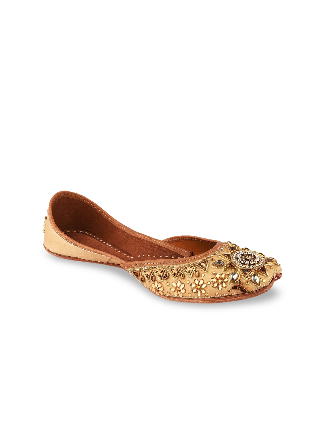 

DESI COLOUR Women Gold-Toned Embellished Leather Mojaris
