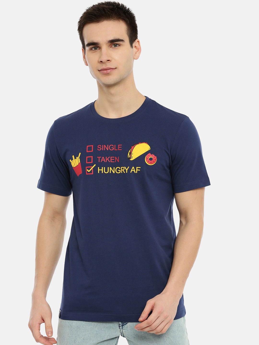 

3PIN Men Navy Blue Yellow Printed Round Neck Pure Cotton T-shirt