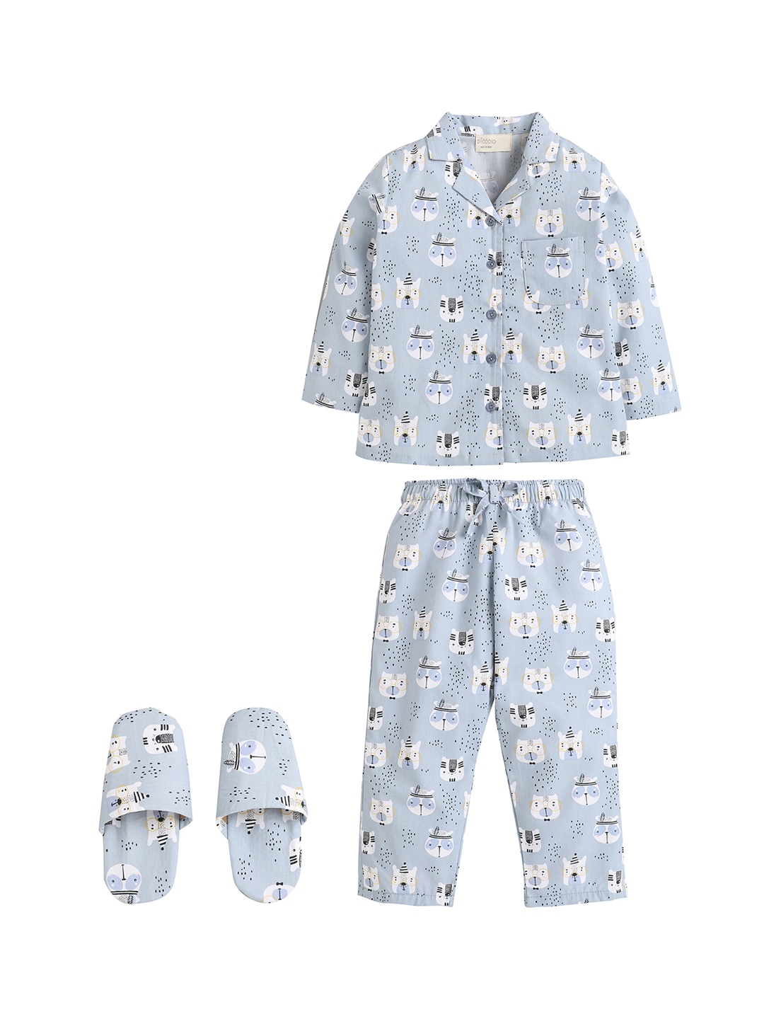 

PICCOLO Girls Grey Melange & White Printed Night Suit with Room Slipper