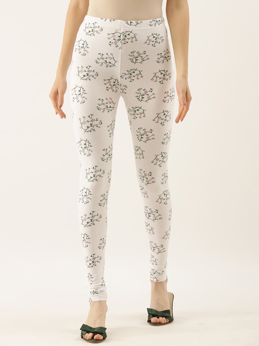 

Souchii Women White & Green Printed Slim-Fit Ankle-Length Leggings