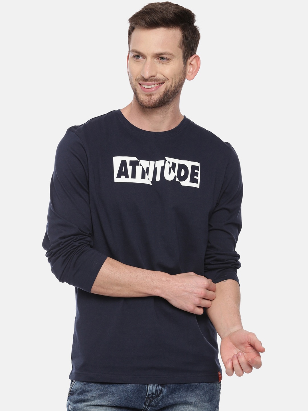 

3PIN Men Navy Blue Printed Round Neck T-shirt