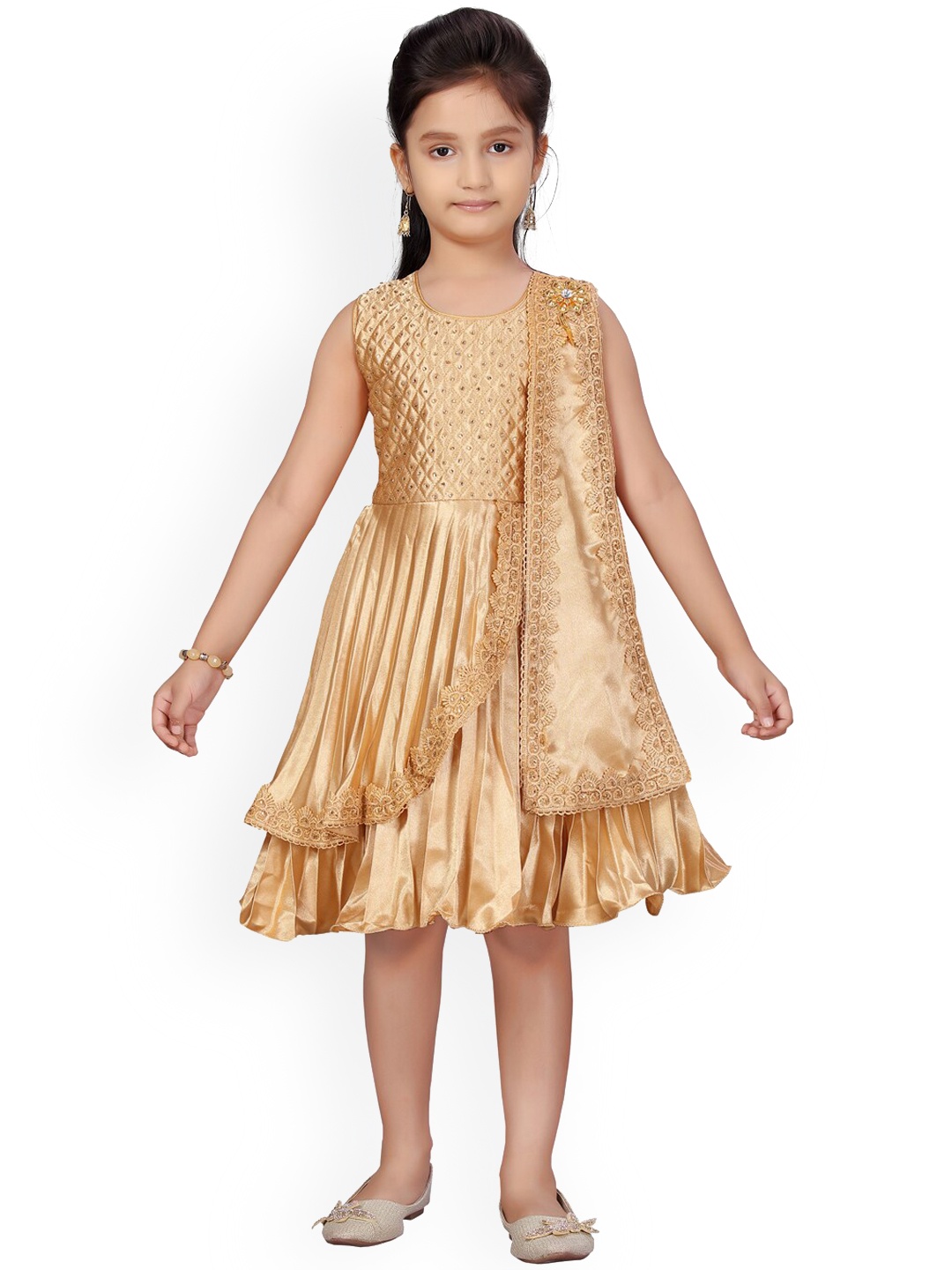 

Aarika Girls Gold-Toned Embroidered Fit and Flare Dress