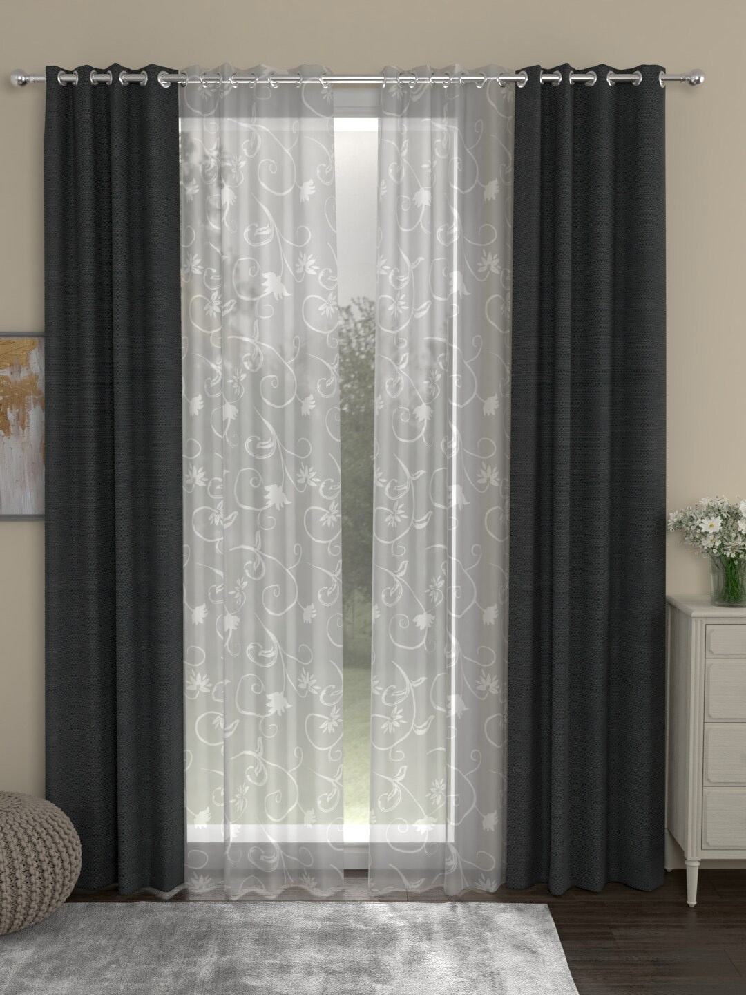 

ROSARA HOME Grey & White Set of 4 Door Curtains