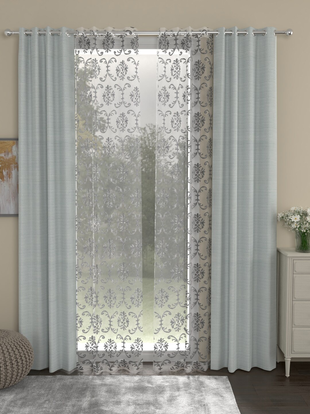 

ROSARA HOME Grey & Transparent Set of 4 Regular & Sheer Long Door Curtains