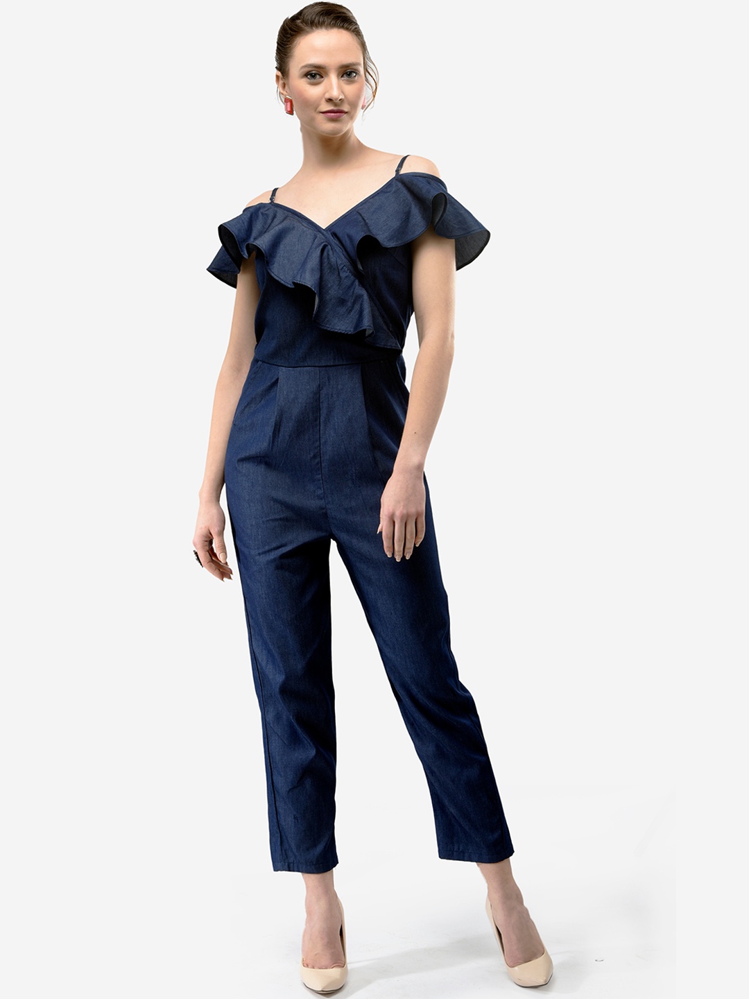 

V&M Women Blue Self Design Solid Basic Jumpsuit, Navy blue