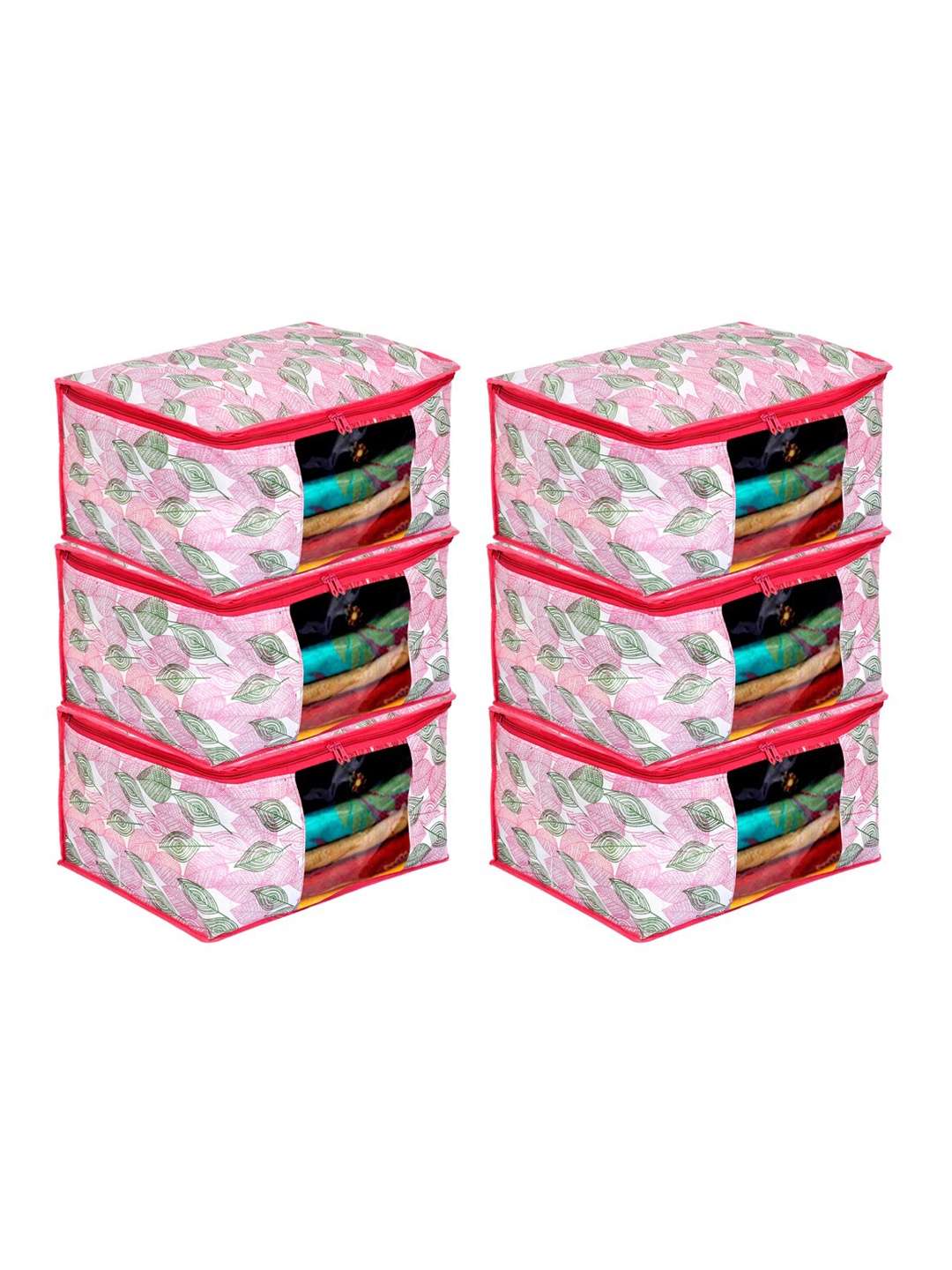 

Kuber Industries Set Of 6 Pink & White Metallic Leaf Printed Drawer Organisers