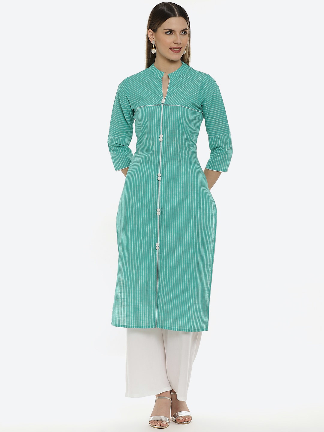 

Kurti's by Menka Women Blue Striped Kurta