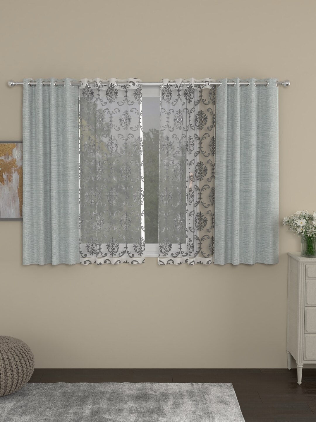 ROSARA HOME Set Of 4 Grey & Transparent Window Curtains