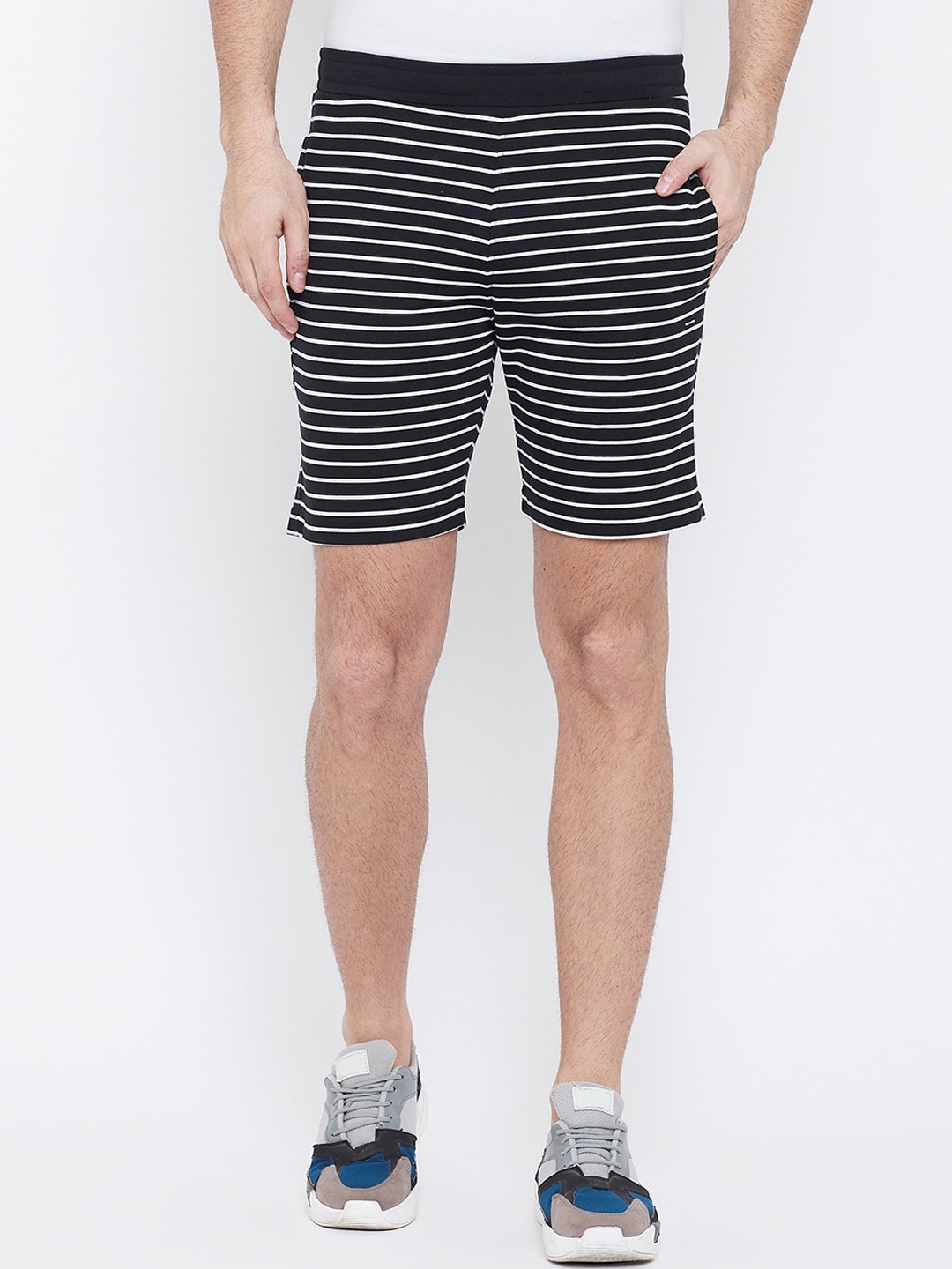 

Okane Men Black & White Striped Regular Fit Shorts