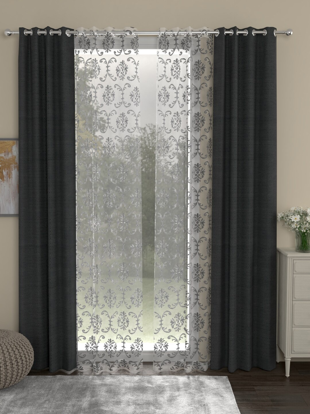 ROSARA HOME Grey & Silver-Toned Set of 4 Door Curtains