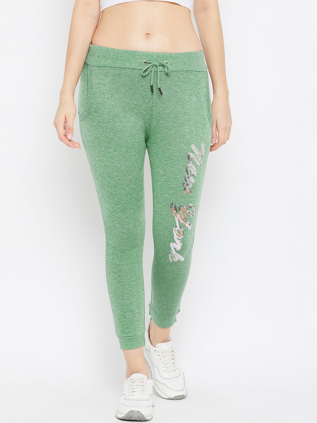 

Austin wood Women Green & Silver-Toned Embellished Slim-Fit Joggers