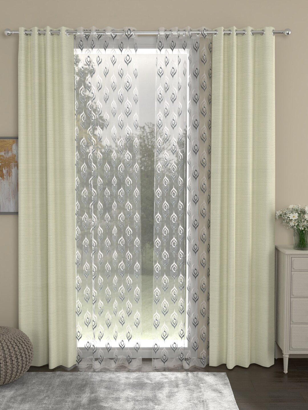 

ROSARA HOME Set Of 4 Cream-Coloured & Grey Long Door Curtains