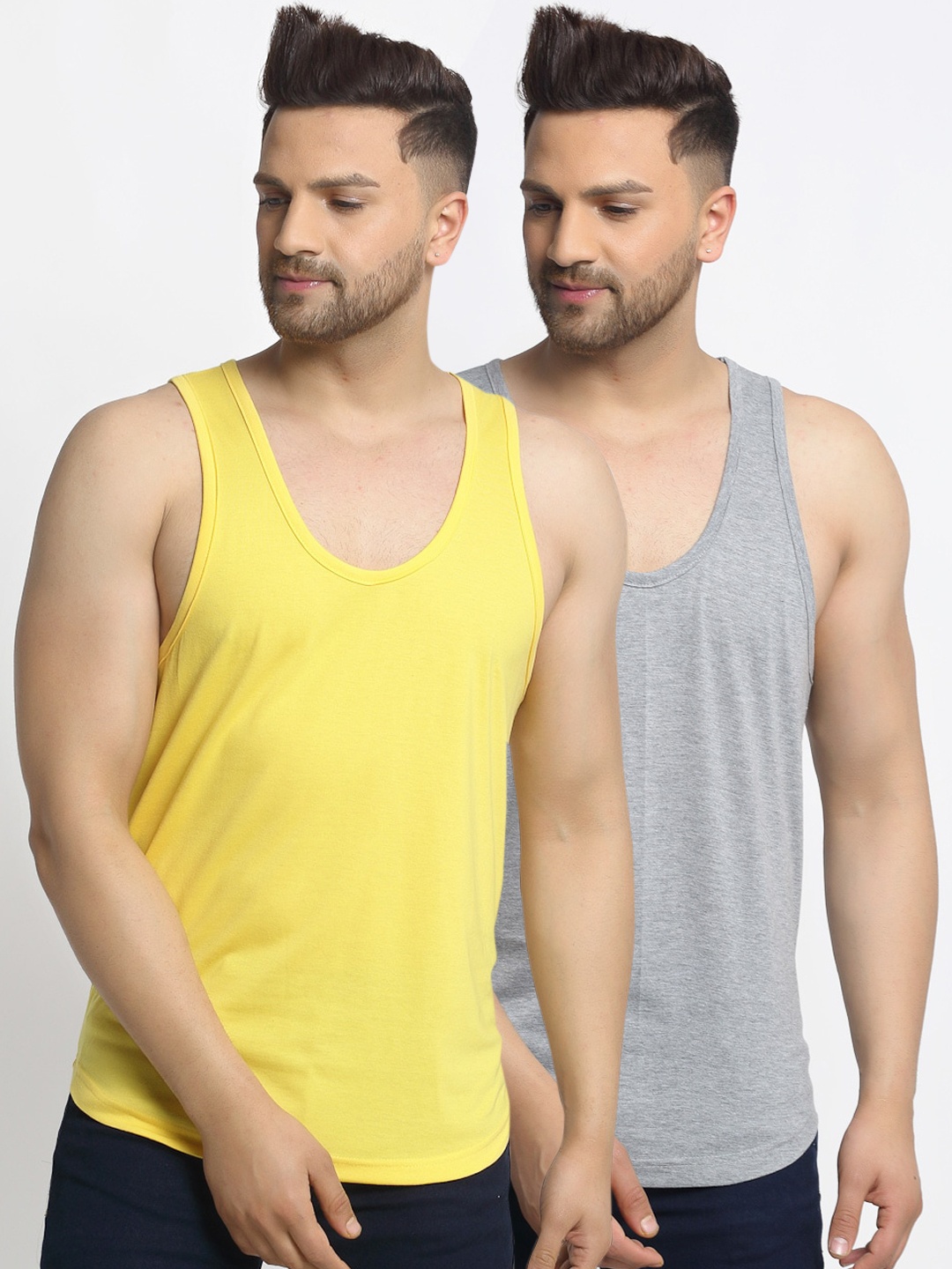 

Friskers Men Pack Of 2 Solid Cotton Gym Vests, Grey