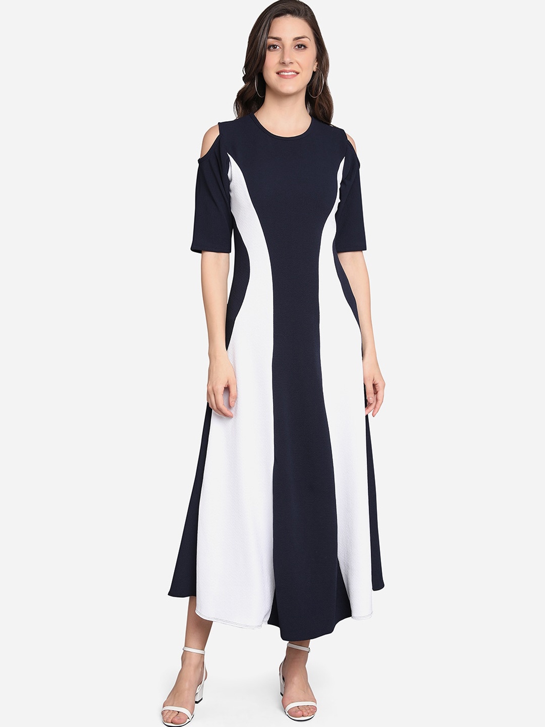 

PURVAJA Women White & Blue Colourblocked Maxi Dress