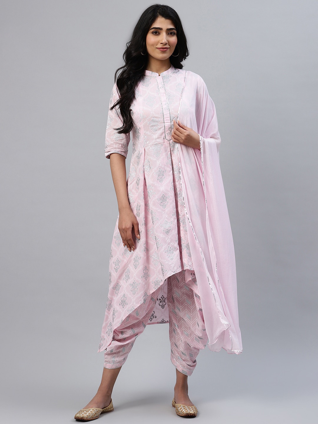

Libas Women Pink & Grey Printed Kurta with Dhoti Pants & Dupatta