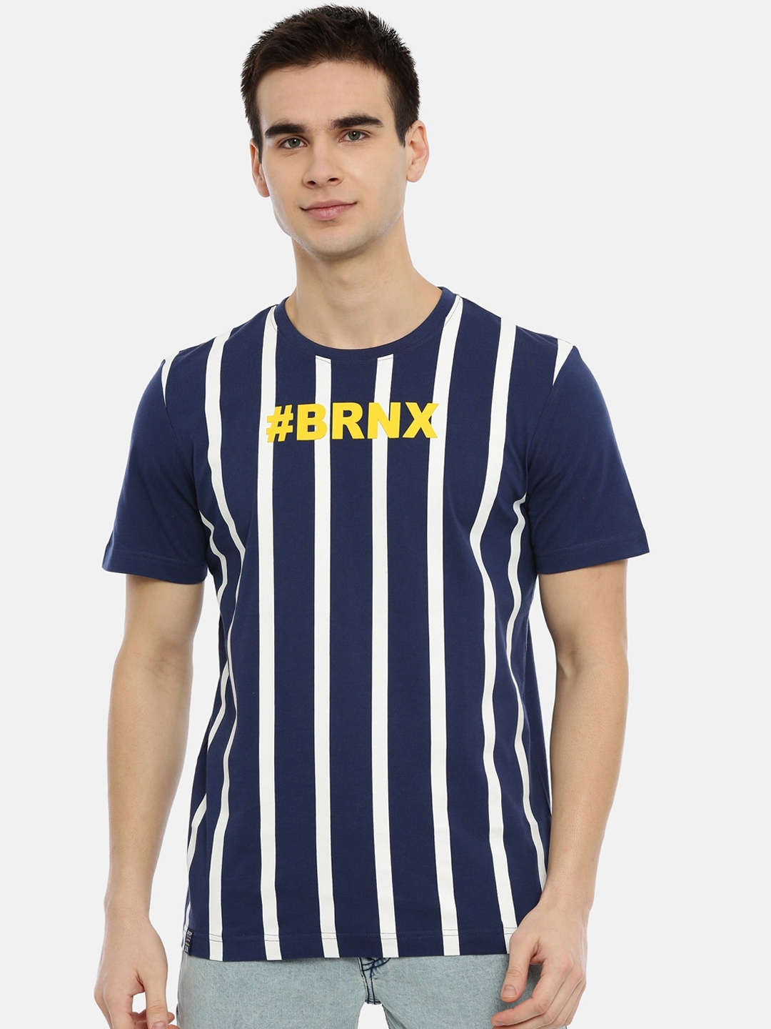 

3PIN Men Navy Blue & White Striped Round Neck T-shirt