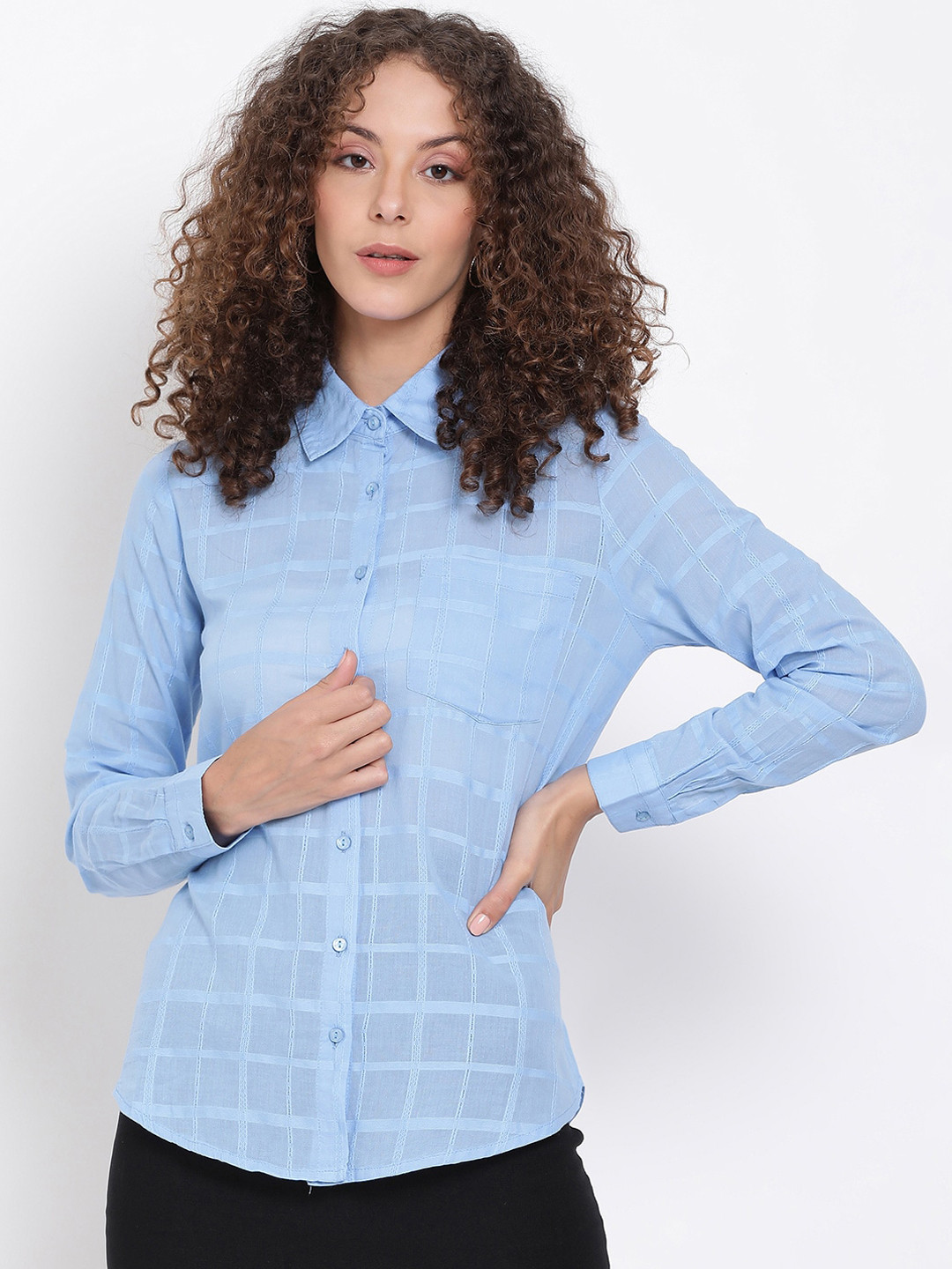 

Oxolloxo Women Blue Self Checked Casual Shirt