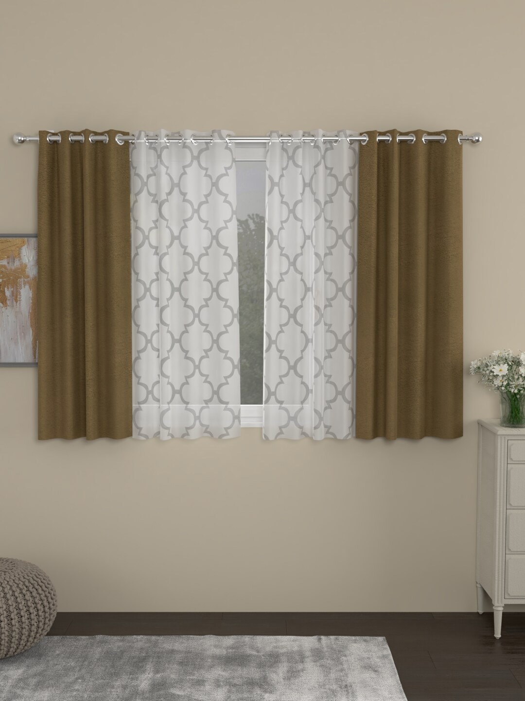 

ROSARA HOME Beige & White Set of 4 Window Curtains