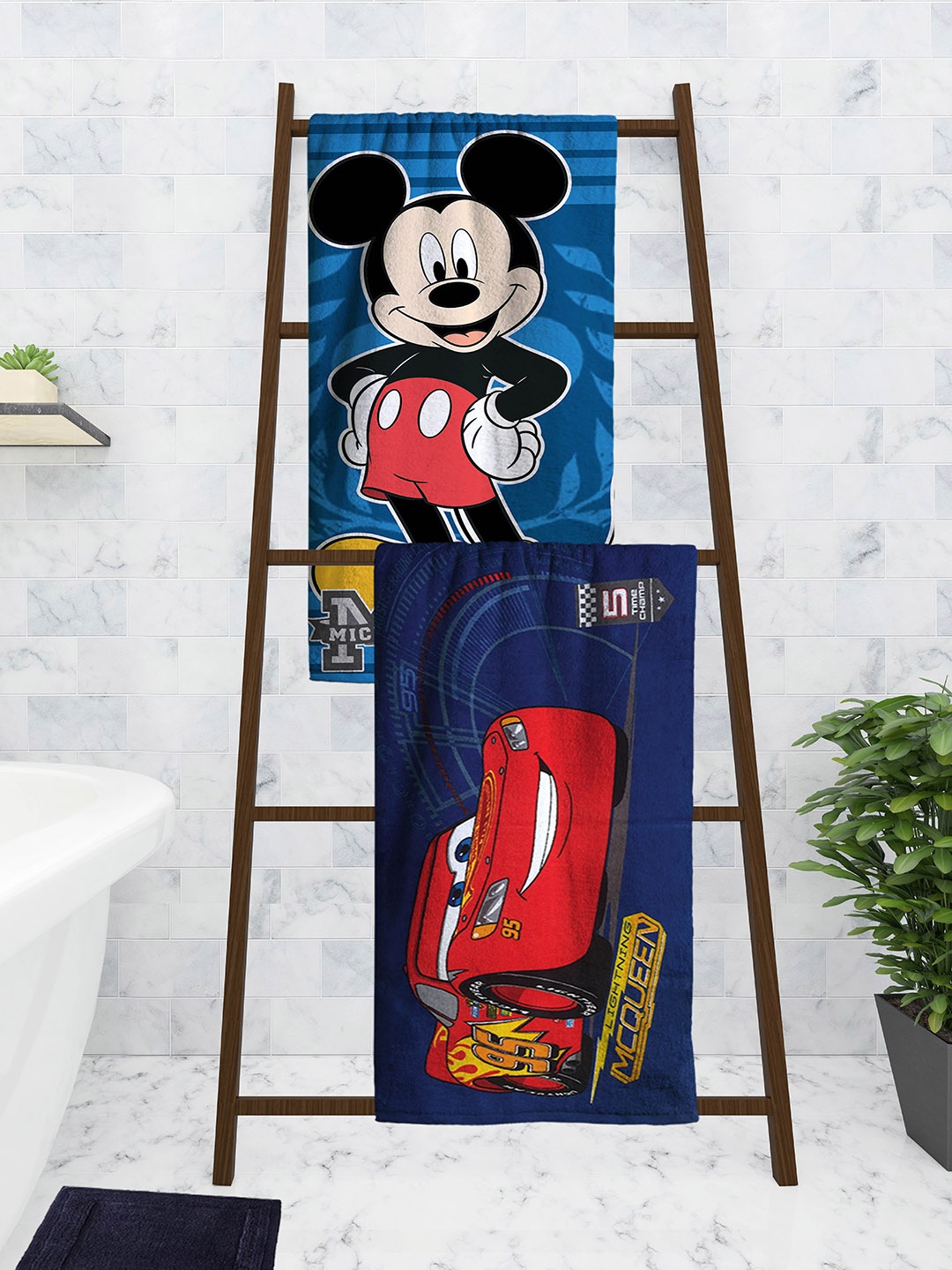 Athom Trendz Disney Kids Set Of 2 Printed 350 GSM Bath Towels, Blue