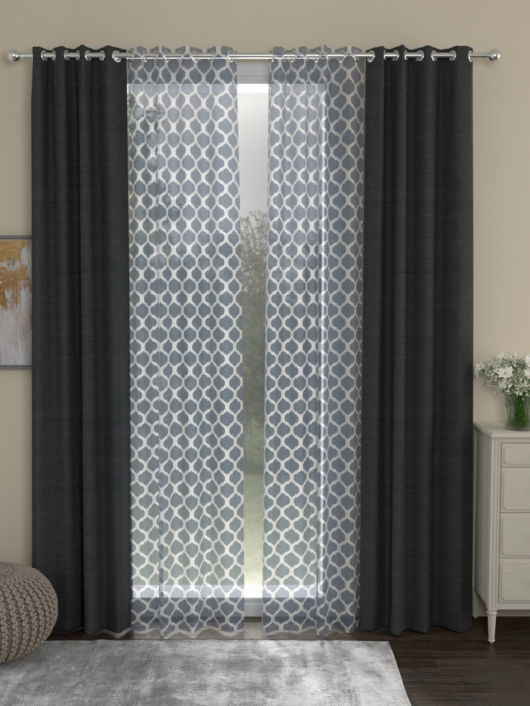 

ROSARA HOME Grey & White Set of 4 Long Door Curtains