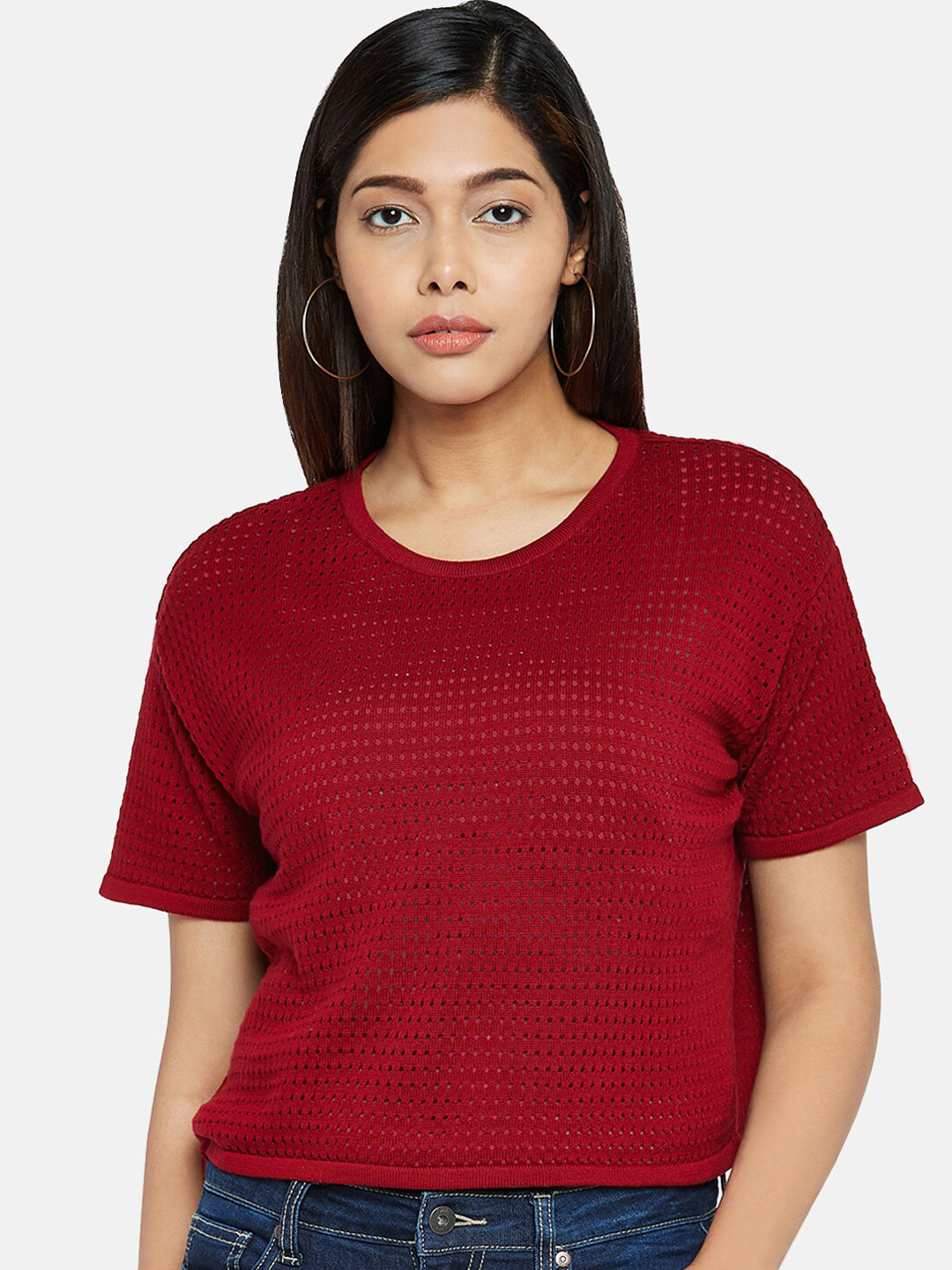 

People Women Maroon Cotton Knitted Pullover