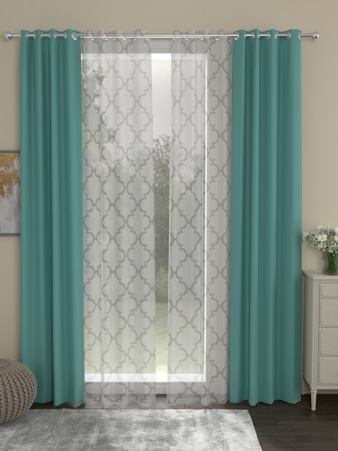 ROSARA HOME Set Of 4 Sea Green & White Black Out Door Curtains