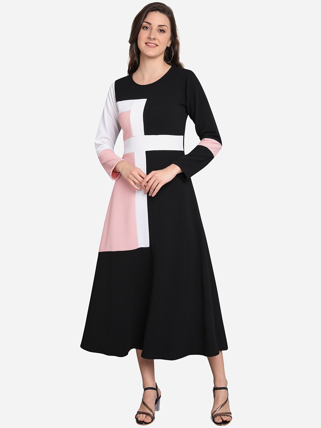 

PURVAJA Women Peach-Coloured Colourblocked Fit and Flare Dress