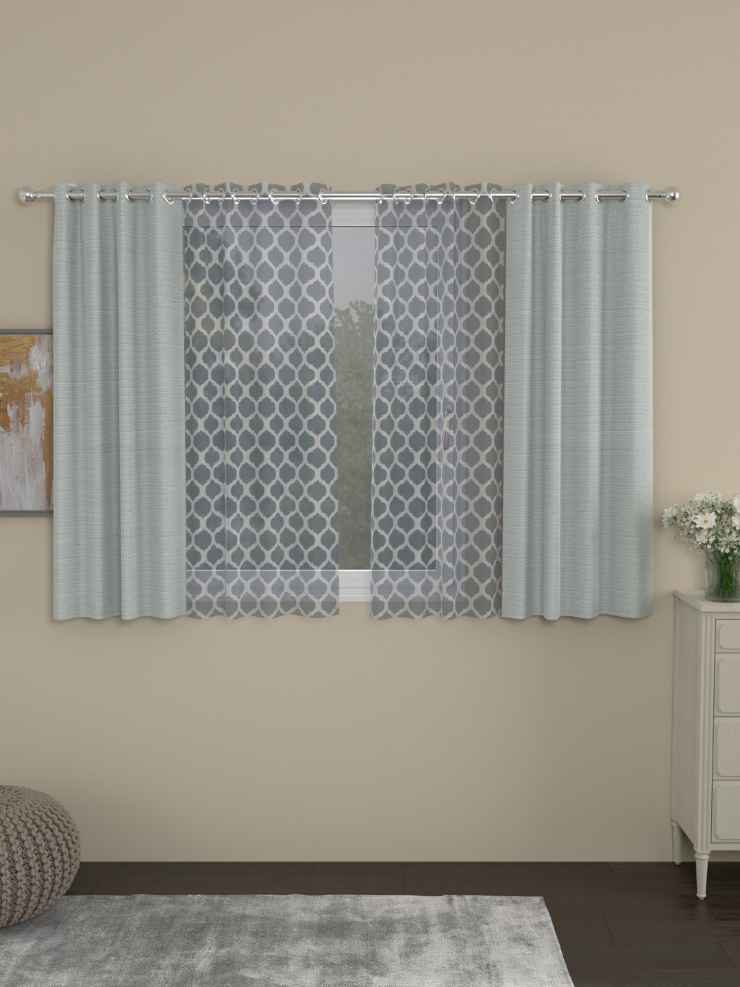 ROSARA HOME Grey & White Set of 4 Window Curtains