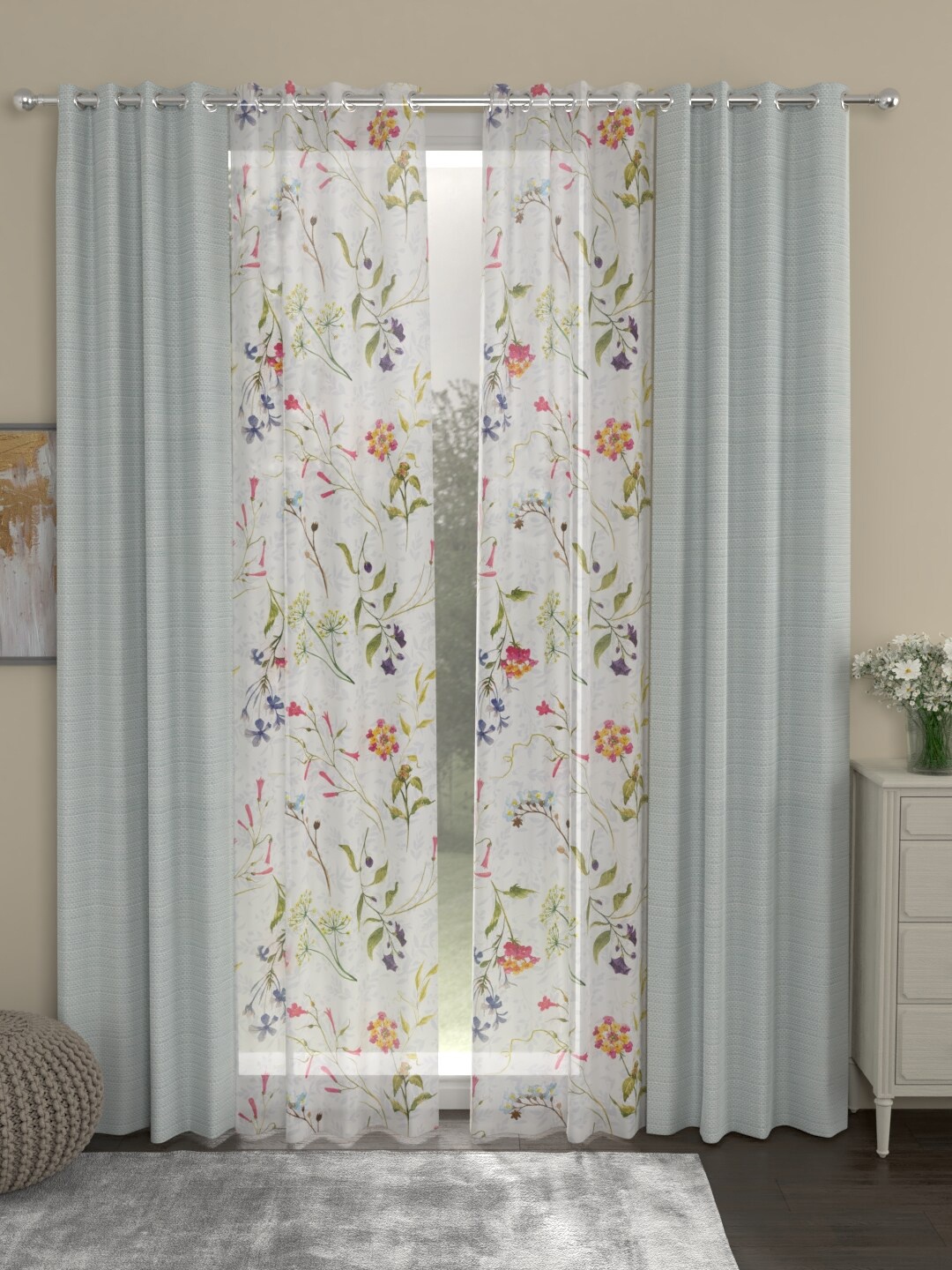 ROSARA HOME Grey & Purple Floral Set of 4 Long Door Curtains