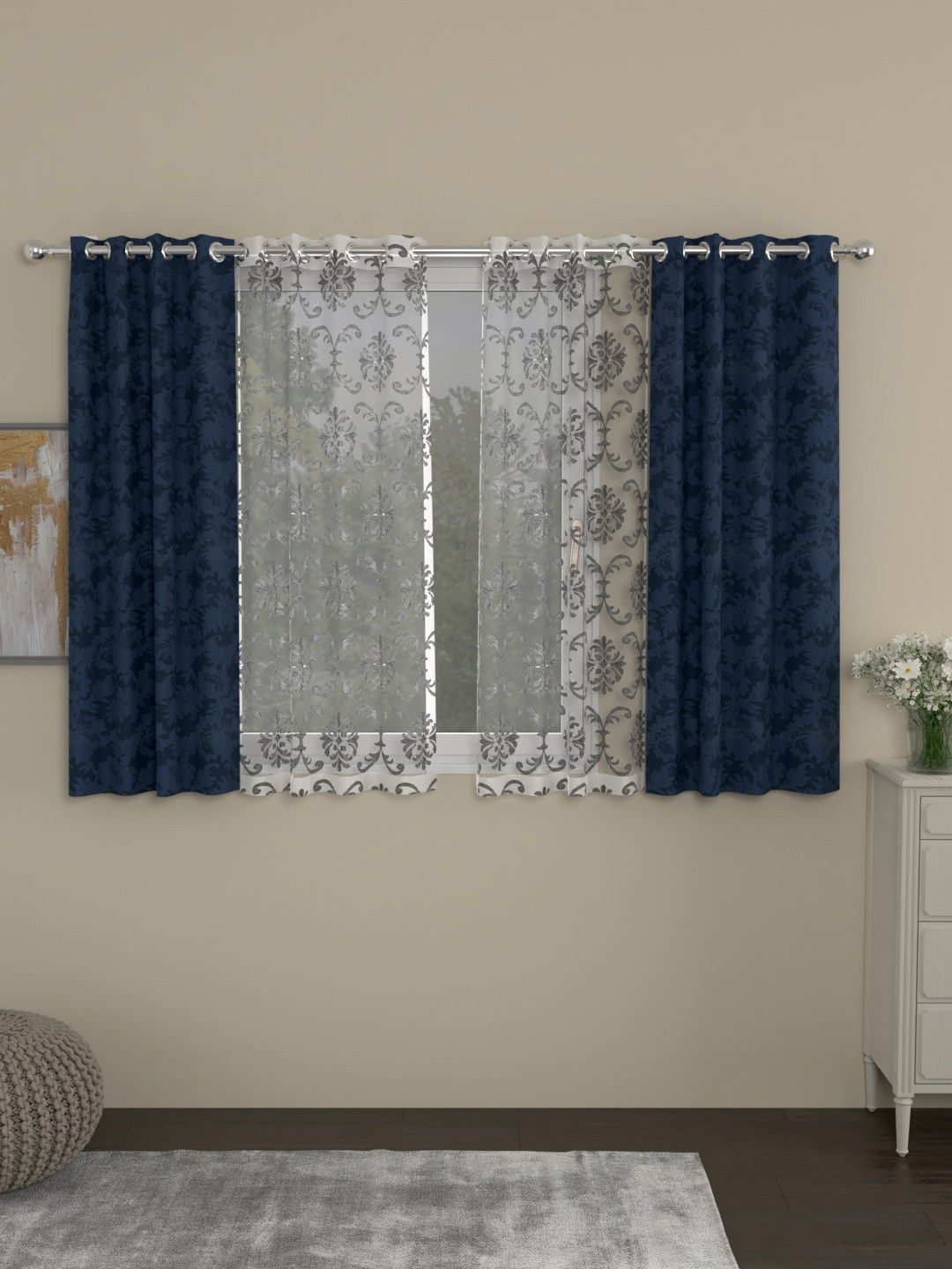

ROSARA HOME Blue & Grey Set of 4 Window Curtains