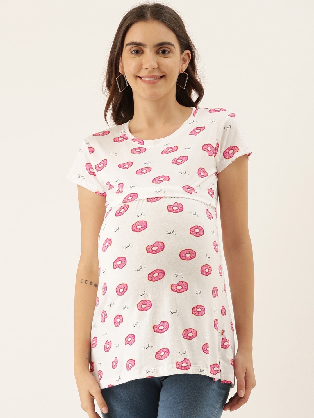 

GOLDSTROMS Women's White & Pink Printed Maternity Nursing Tunic