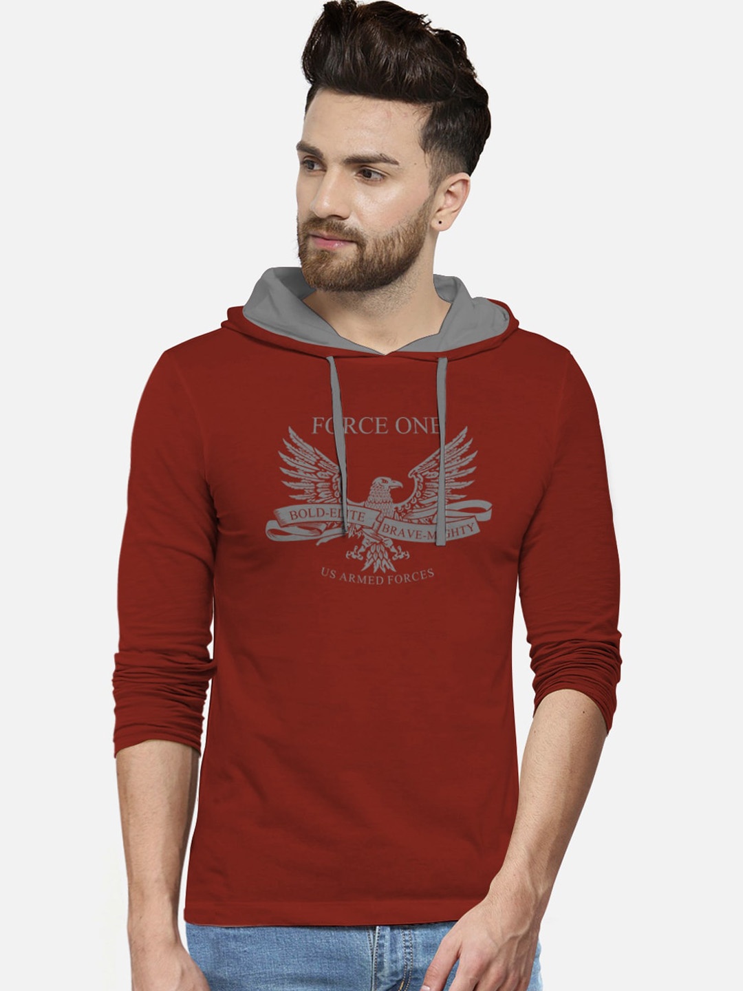 

BULLMER Men Maroon Printed Cotton Hood Pure Cotton T-shirt
