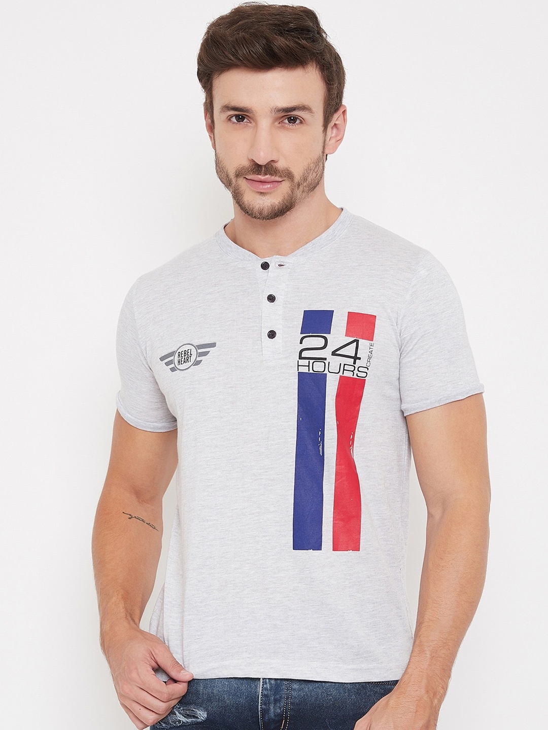 

Bishop Cotton Men Grey Striped Henley Neck T-shirt