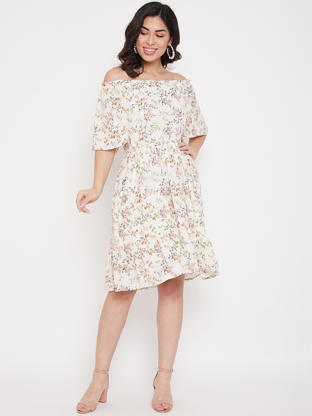 

Ruhaans Women Cream-Coloured Floral Printed Fit and Flare Dress