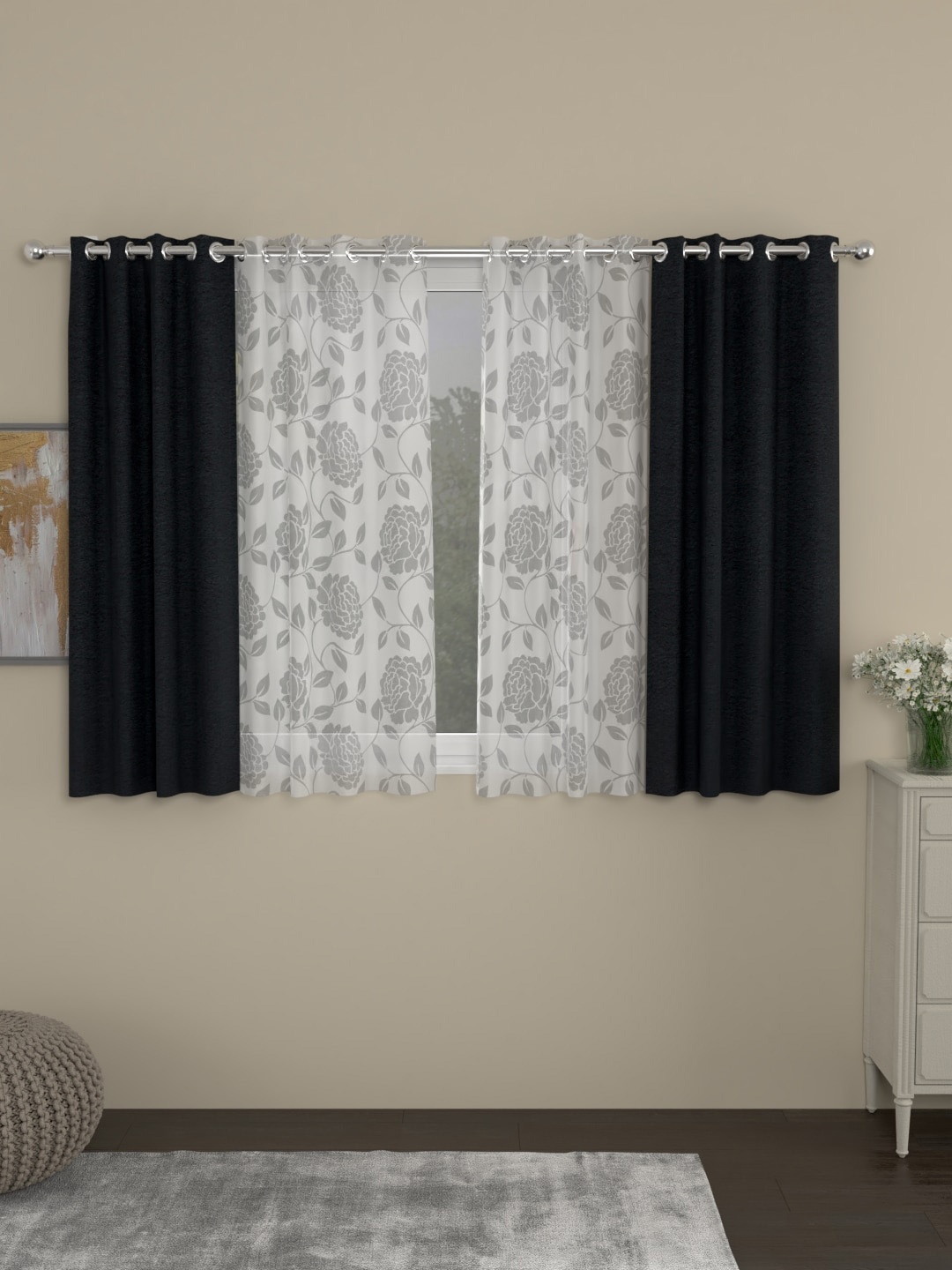 

ROSARA HOME Charcoal Grey & White Set of 4 Window Curtains