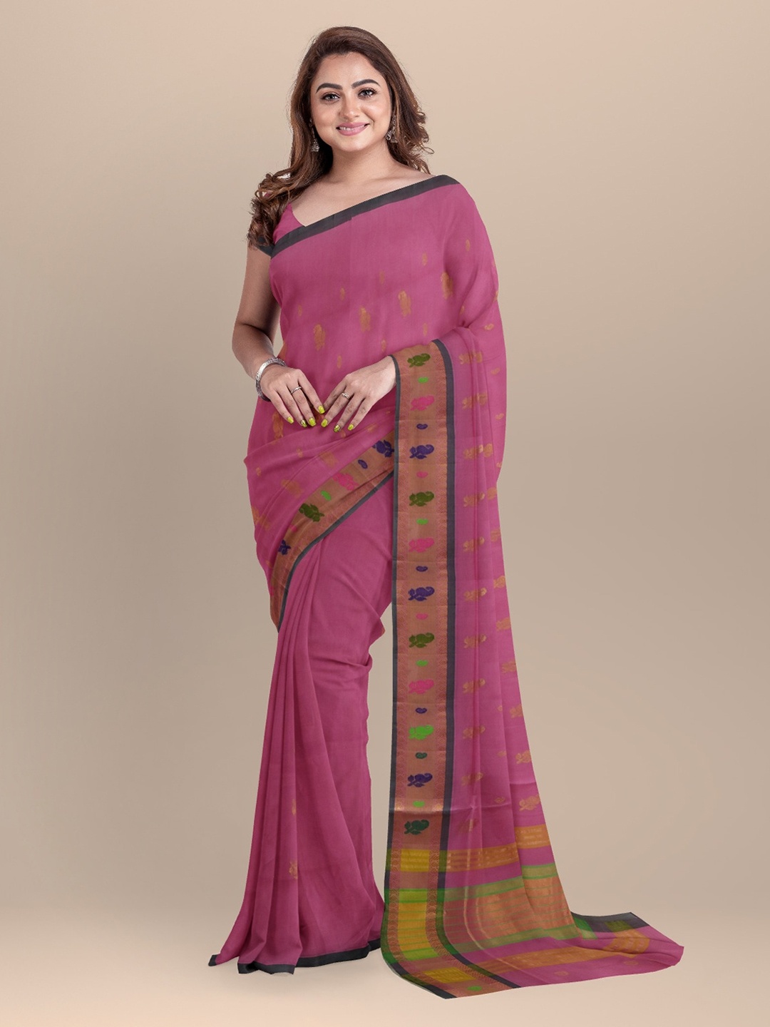 

APCO Pink Pure Cotton Printed Venkatgiri Saree