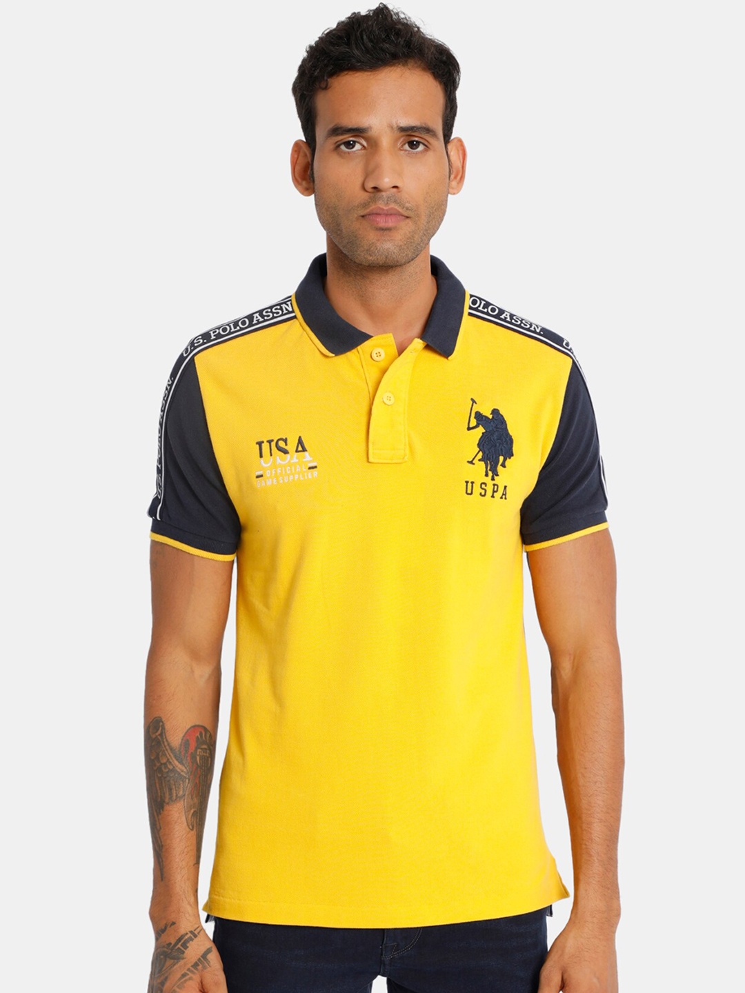 

U.S. Polo Assn. Men Yellow Navy Blue Solid Cotton Polo Collar Pure Cotton T-shirt