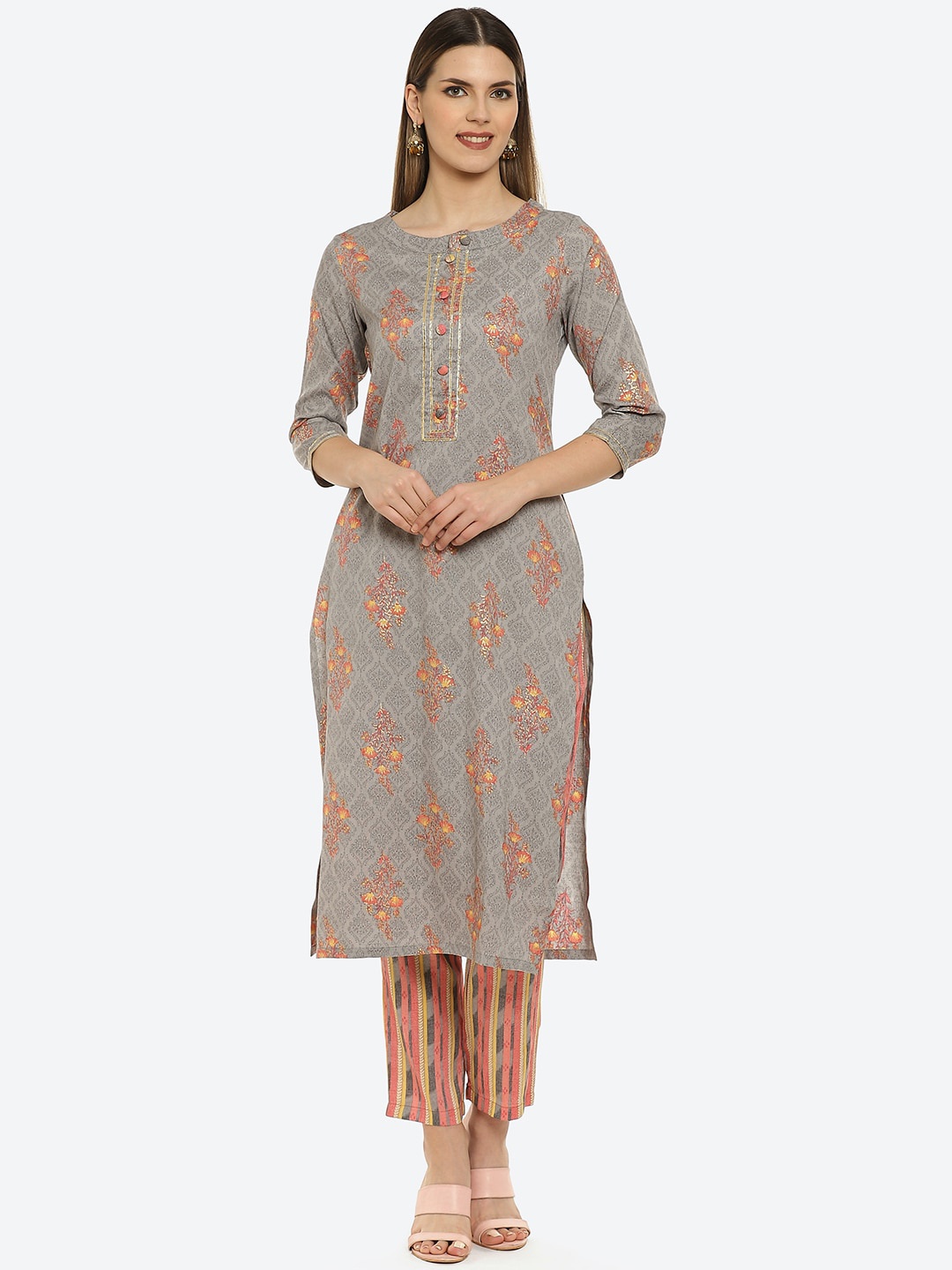

Kurti's by Menka Women Grey & Orange Printed Kurta with Trousers