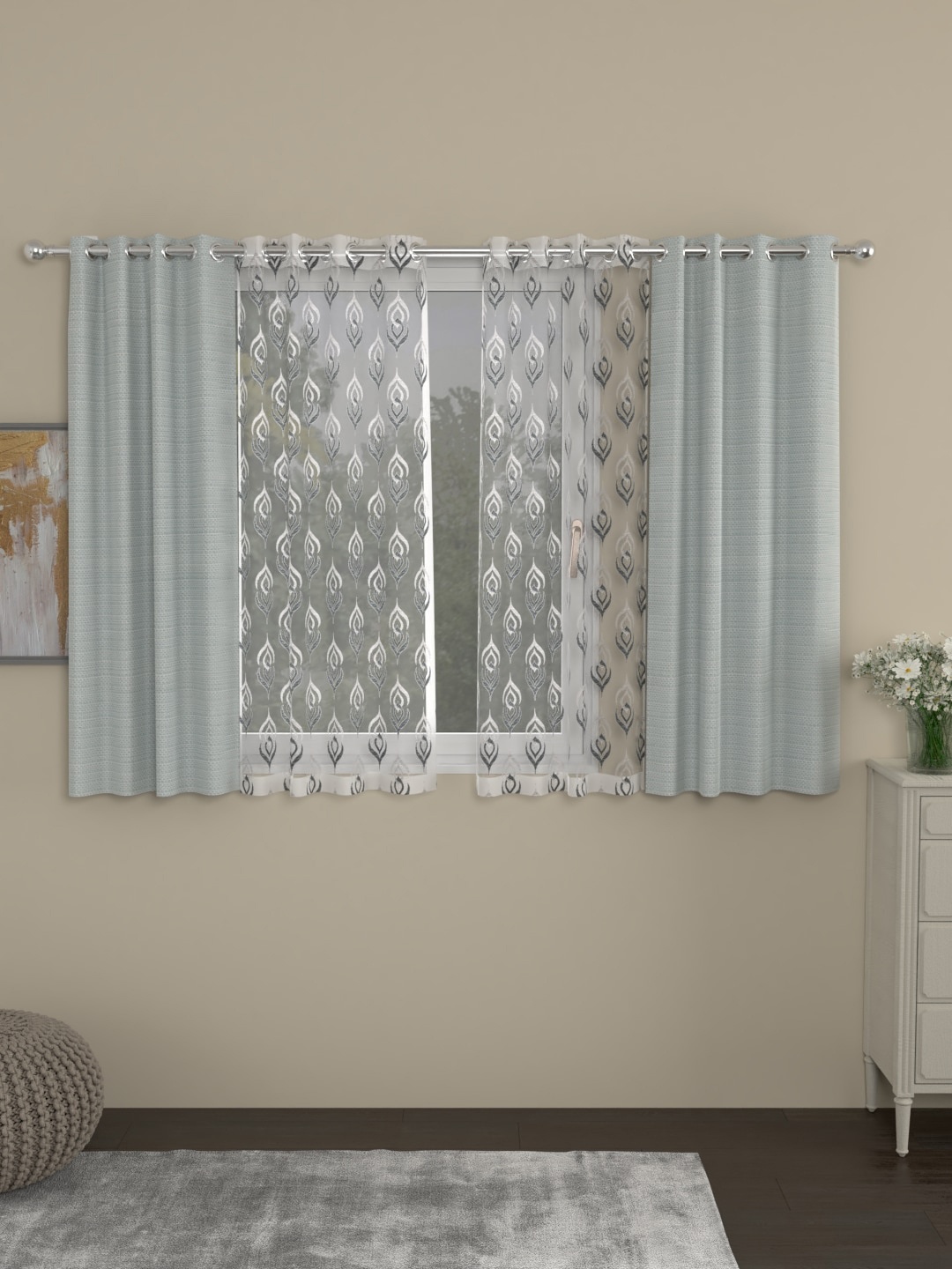 

ROSARA HOME Set Of 4 Grey & Transparent Window Curtains