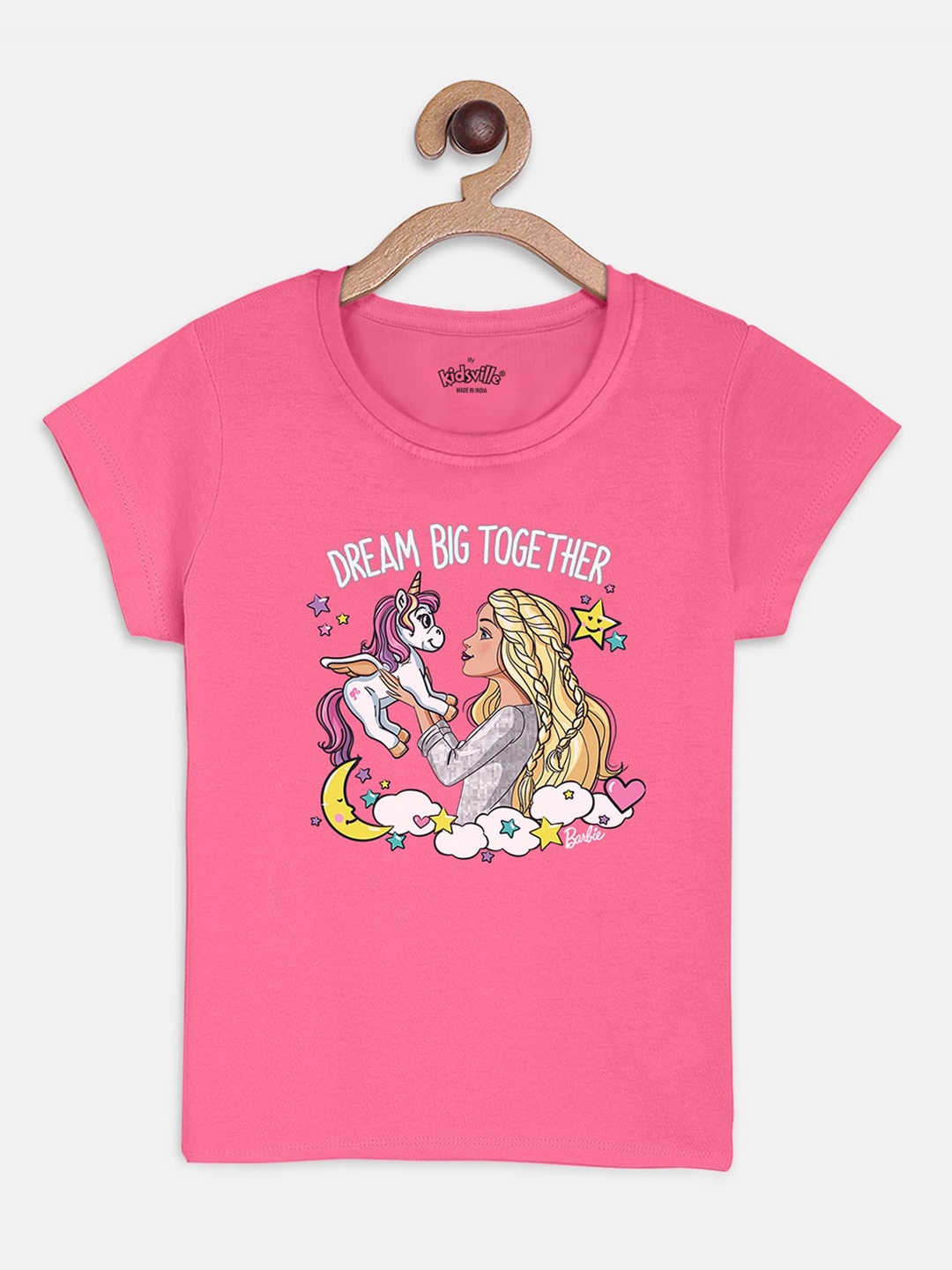 

Kids Ville Girls Pink Barbie Printed Round Neck Pure Cotton T-shirt
