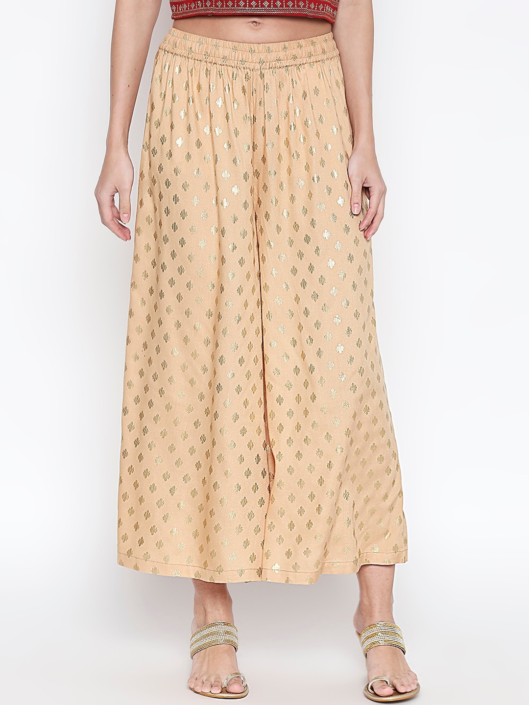 

RANGMANCH BY PANTALOONS Women Beige & Gold-Coloured Printed Wide Leg Palazzos
