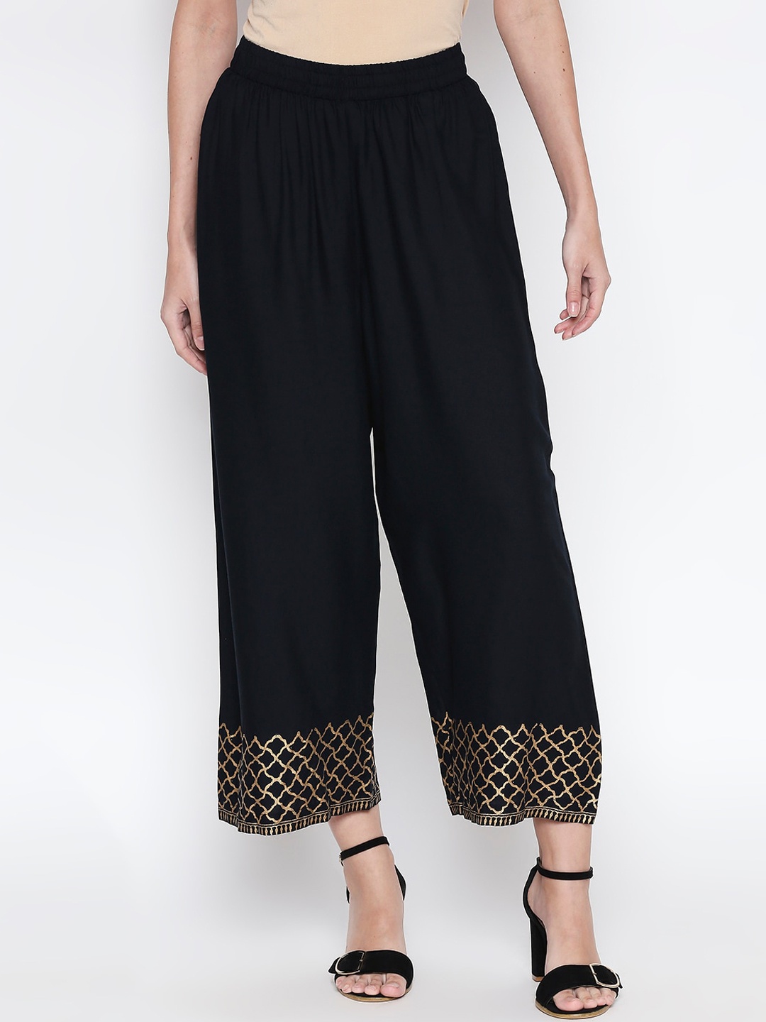 RANGMANCH BY PANTALOONS Women Black & Gold-Toned Hem Design Straight Palazzos