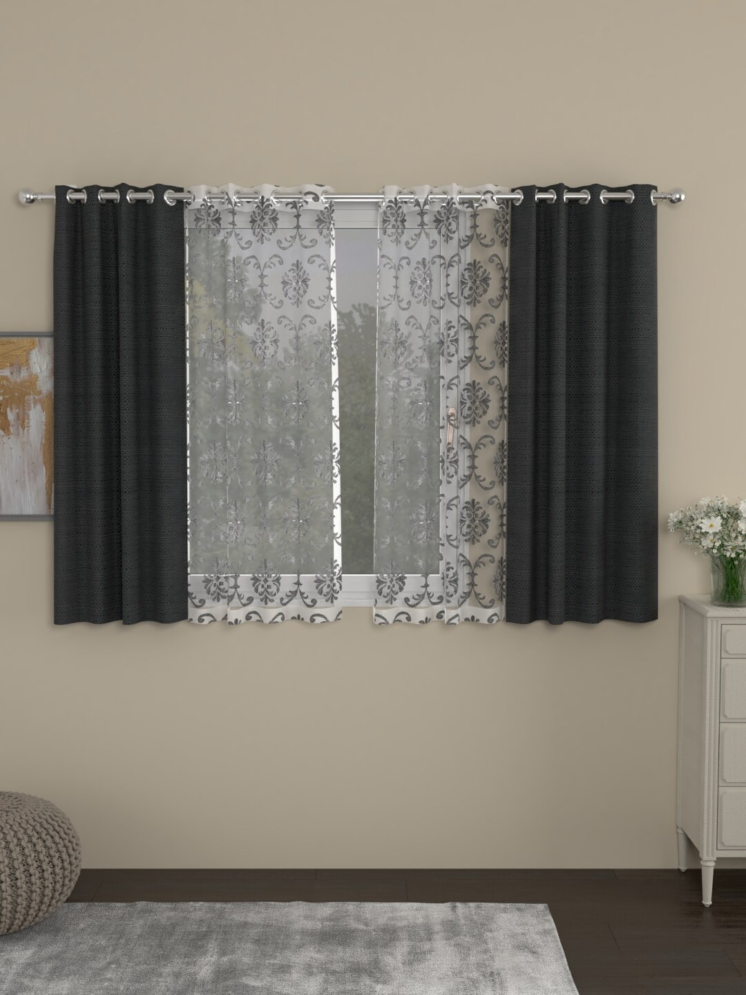 

ROSARA HOME Grey & Silver-Toned Set of 4 Regular & Sheer Window Curtains