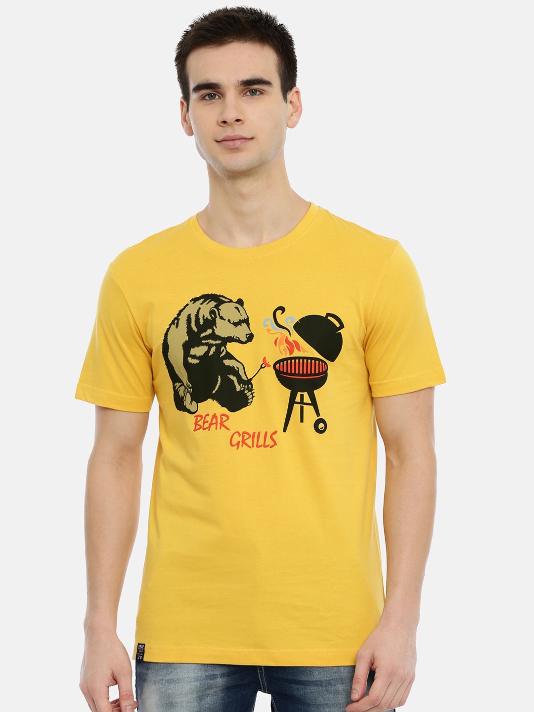 

3PIN Men Yellow Printed Round Neck Cotton Pure Cotton T-shirt
