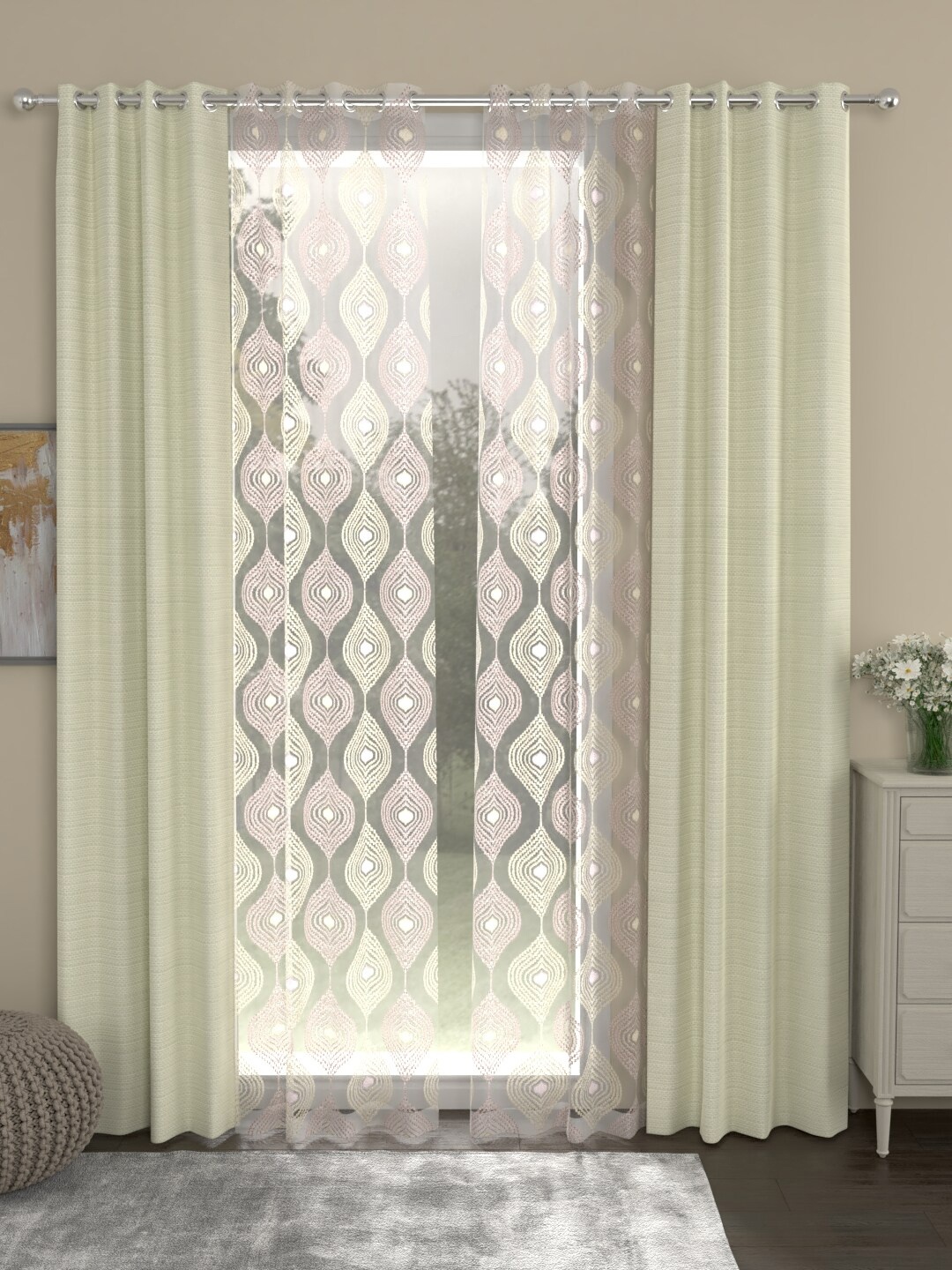 

ROSARA HOME Cream-Coloured & Pink Set of 4 Long Door Curtains