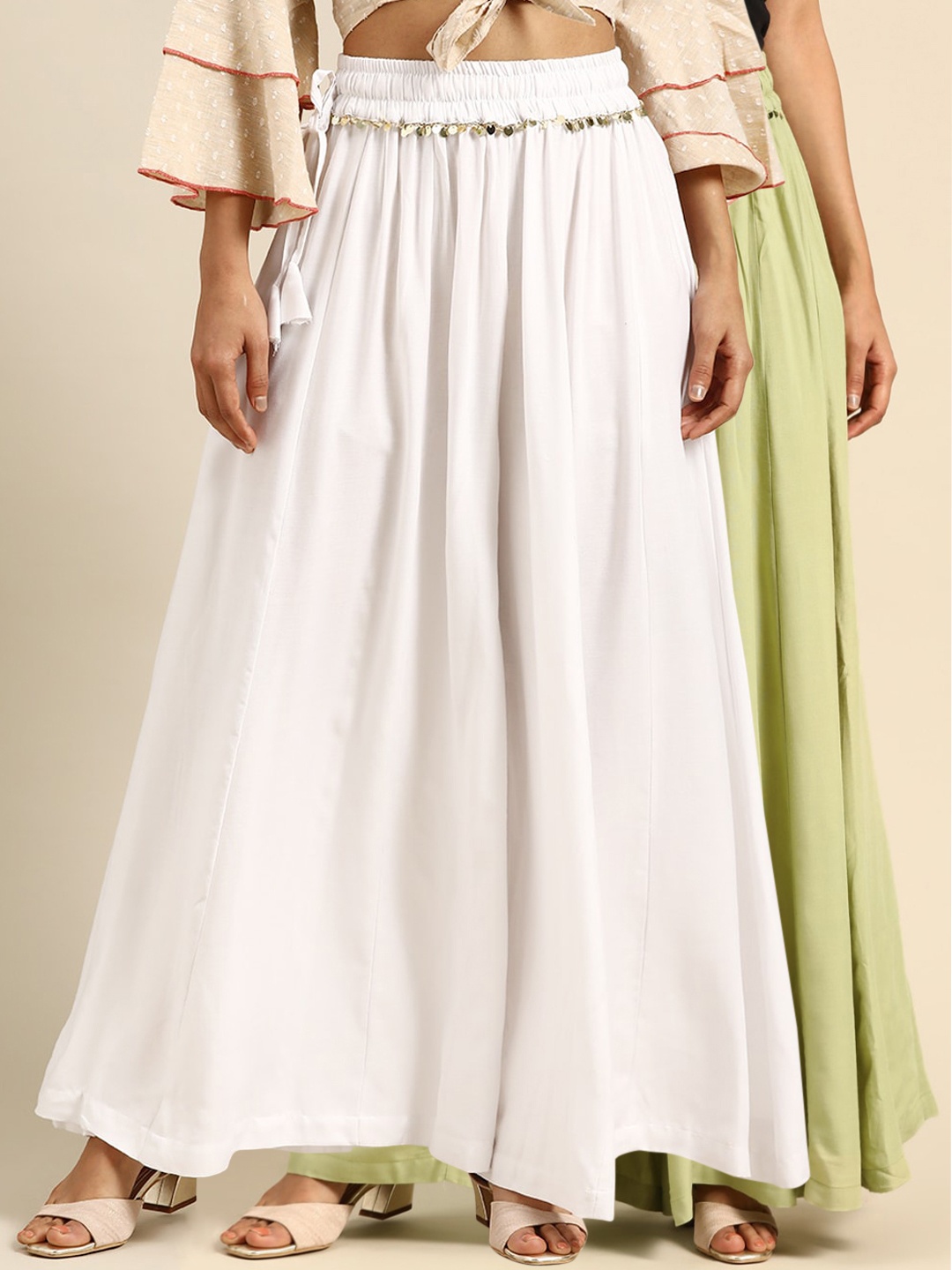 

TAG 7 Women White & Green Solid Flared Palazzos