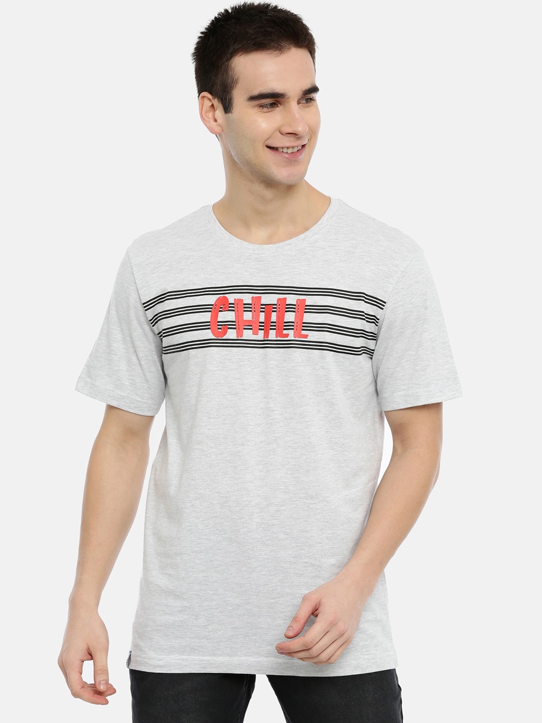

3PIN Men Grey Striped Round Neck Pure Cotton T-shirt